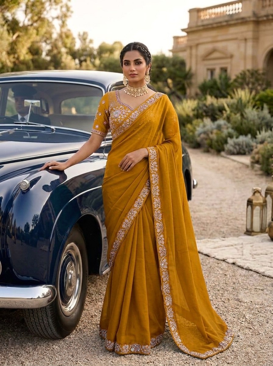Mustard Malay Satin Silk Saree with Ornate Silver Heavy Embellished Blouse Stitched