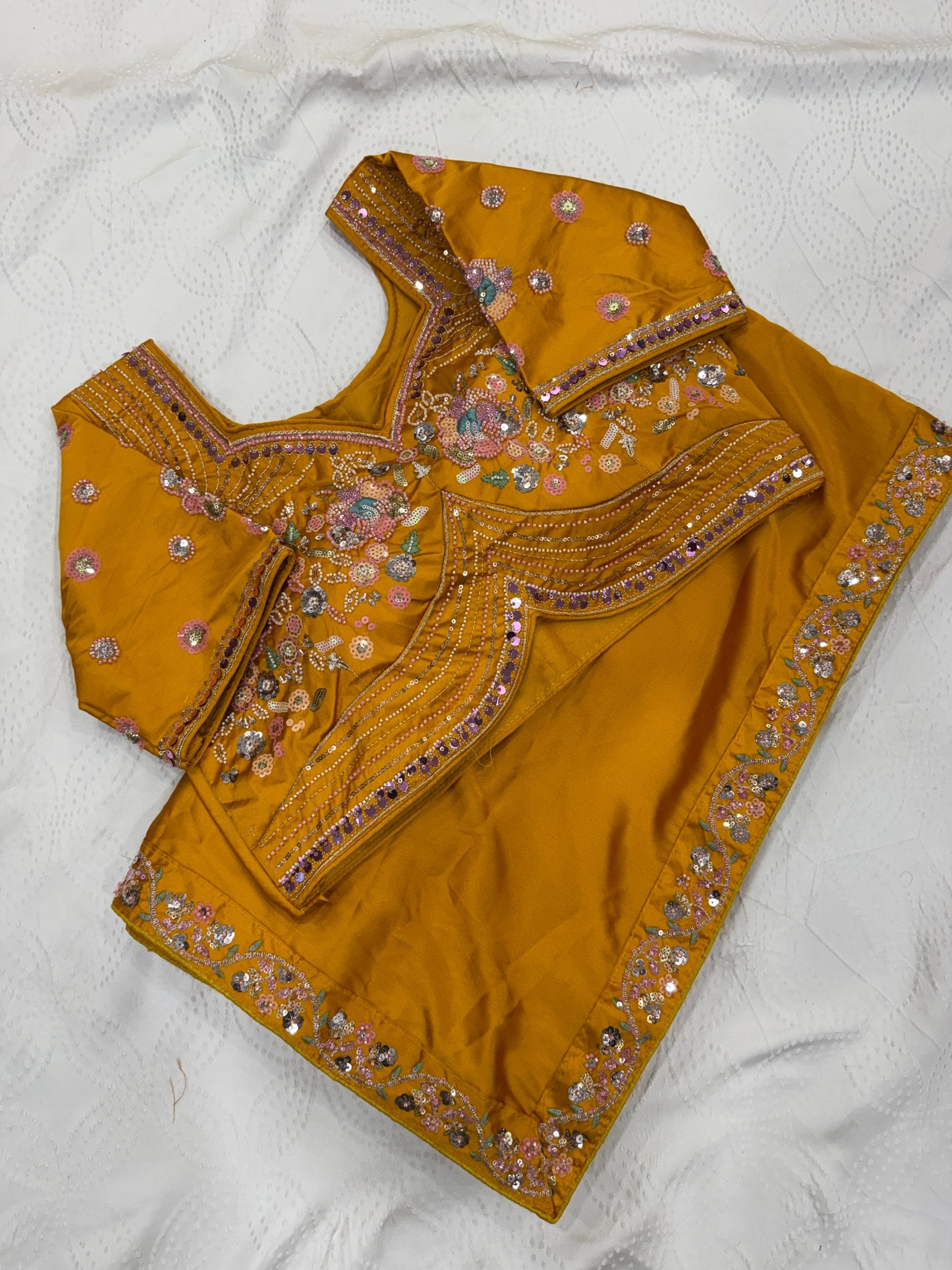 Mustard Malay Satin Silk Saree with Ornate Silver Heavy Embellished Blouse Stitched