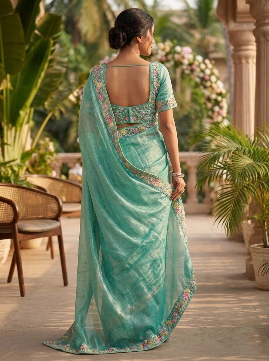 Ethereal Teal Silk Tissue Saree with Multi-Colored Floral Embroidery