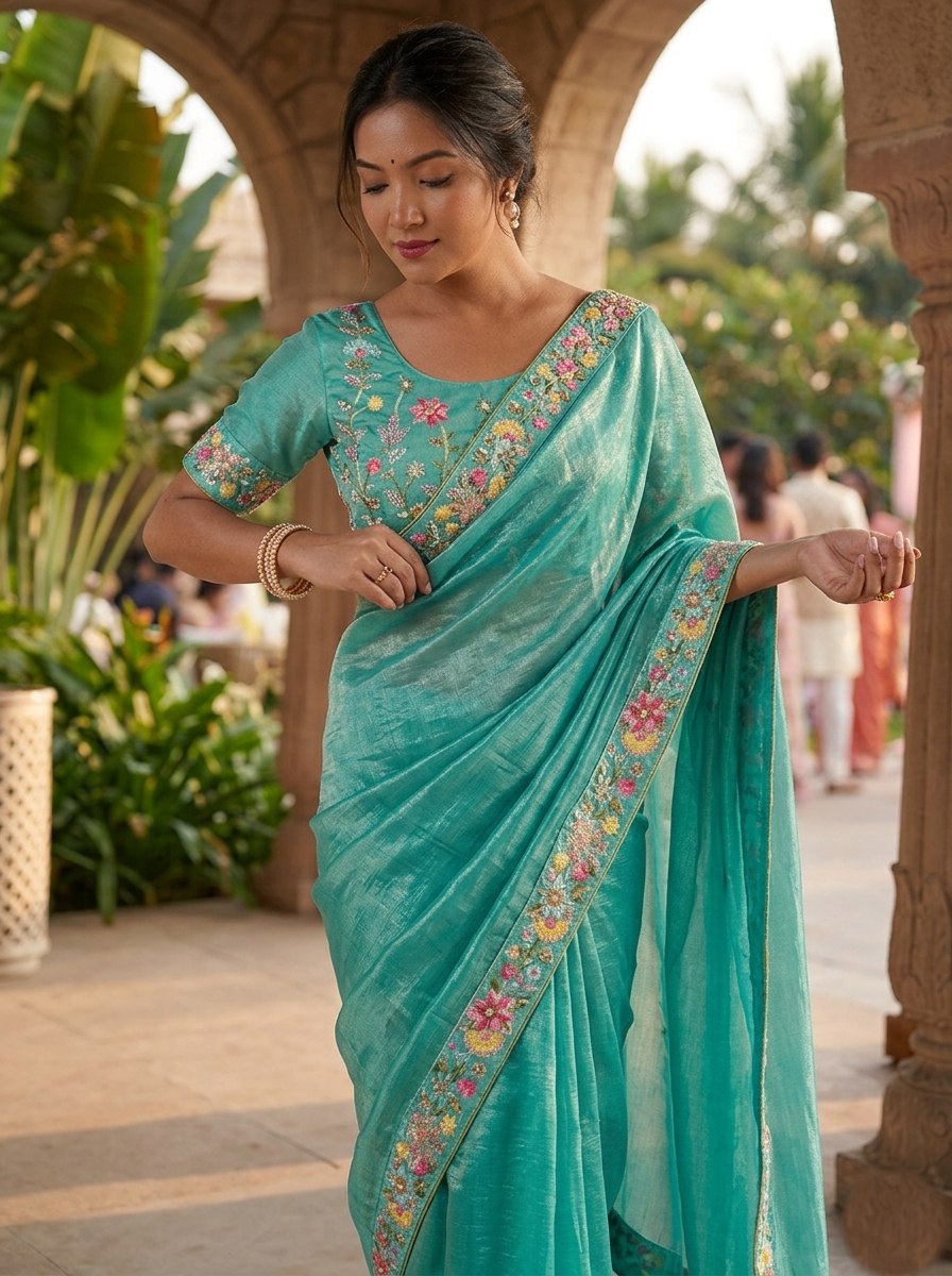 Ethereal Teal Silk Tissue Saree with Multi-Colored Floral Embroidery