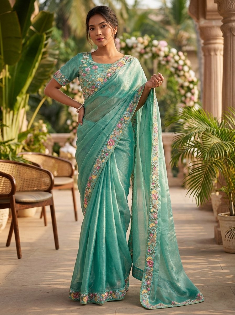 Ethereal Teal Silk Tissue Saree with Multi-Colored Floral Embroidery