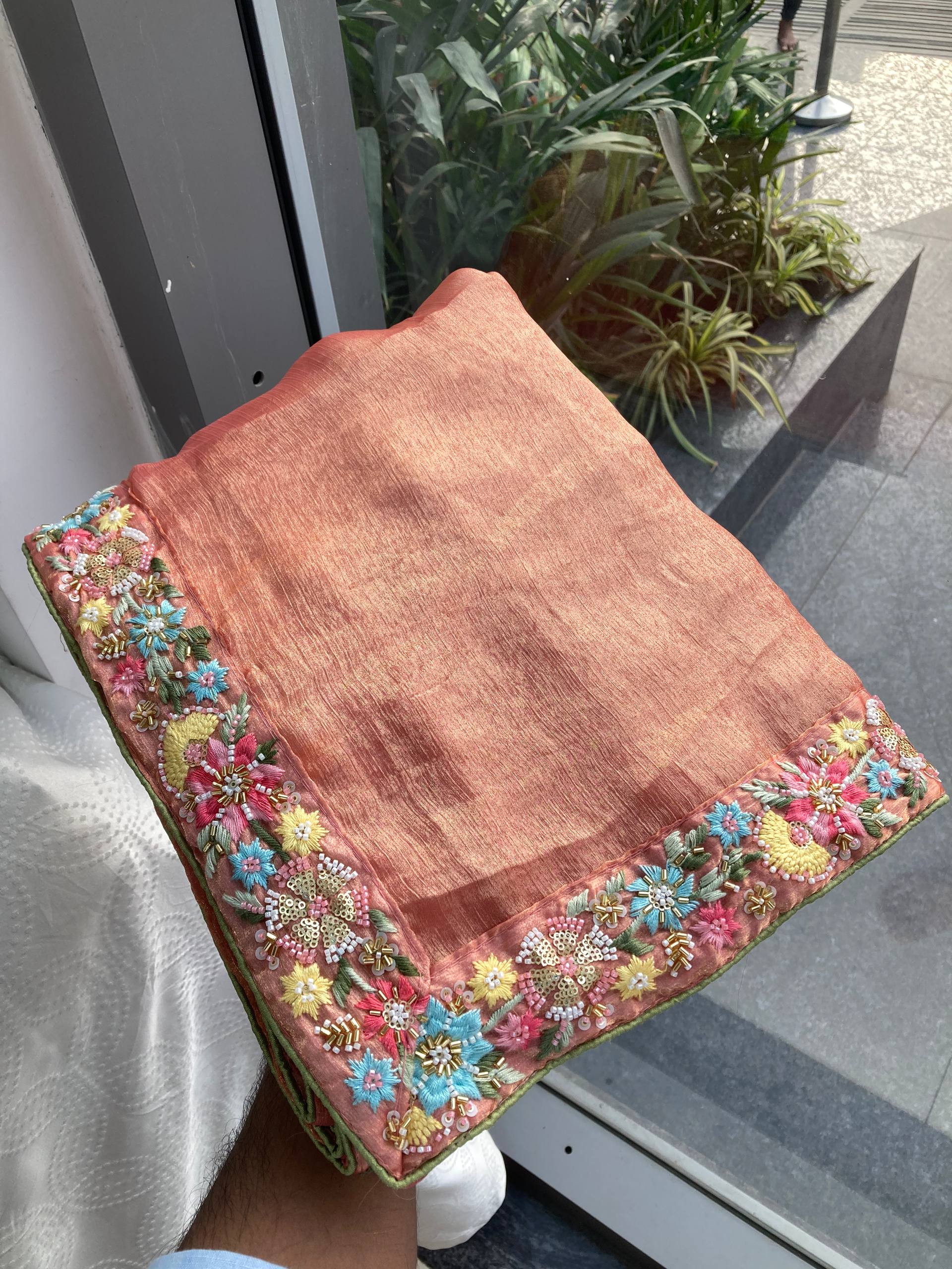 Peach Silk Tissue Saree with Multi-Colored Floral Embroidery