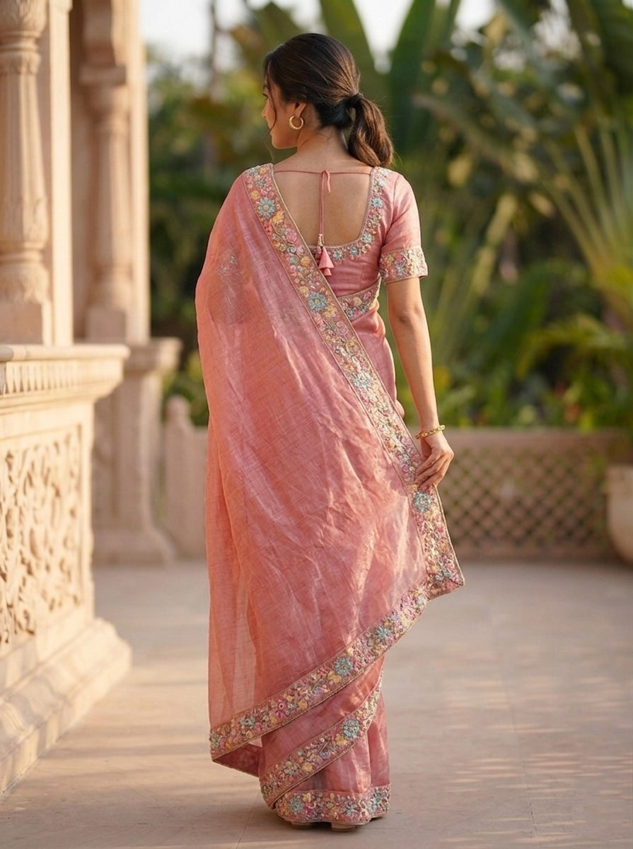 Peach Silk Tissue Saree with Multi-Colored Floral Embroidery