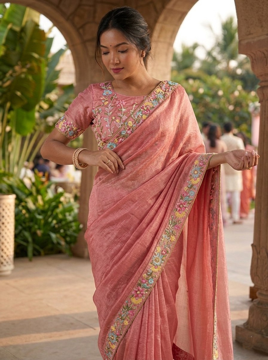 Peach Silk Tissue Saree with Multi-Colored Floral Embroidery