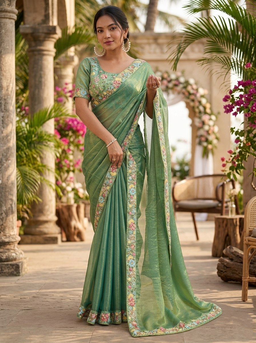 Green Silk Tissue Saree with Multi-Colored Floral Embroidery