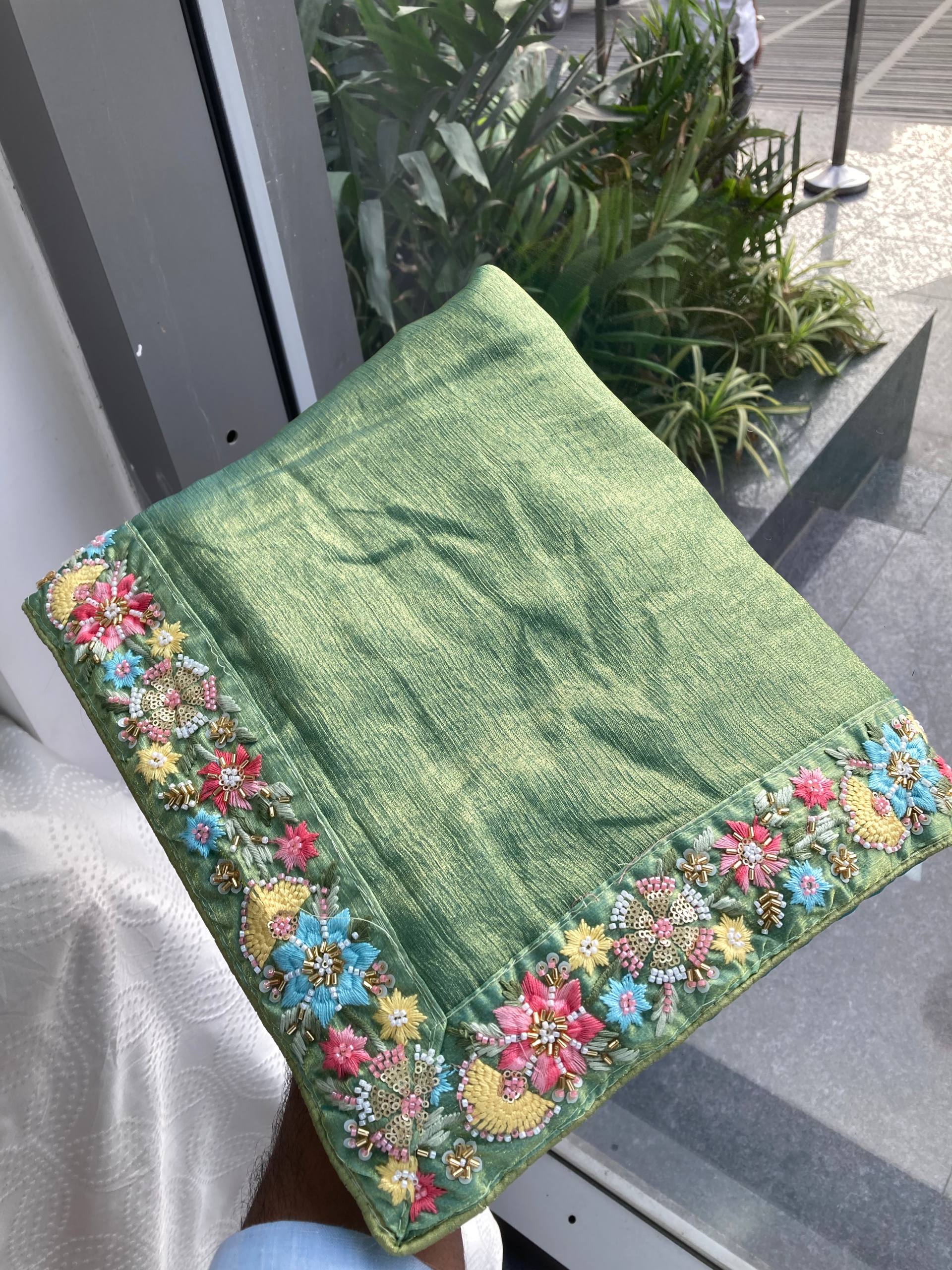 Green Silk Tissue Saree with Multi-Colored Floral Embroidery