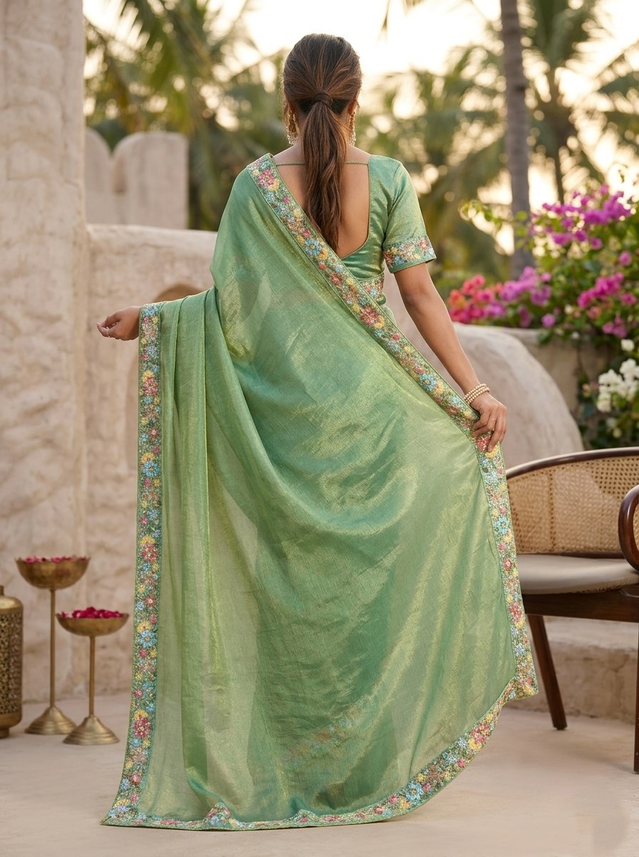 Green Silk Tissue Saree with Multi-Colored Floral Embroidery