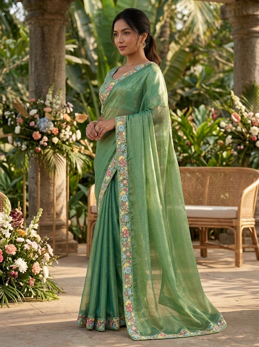 Green Silk Tissue Saree with Multi-Colored Floral Embroidery