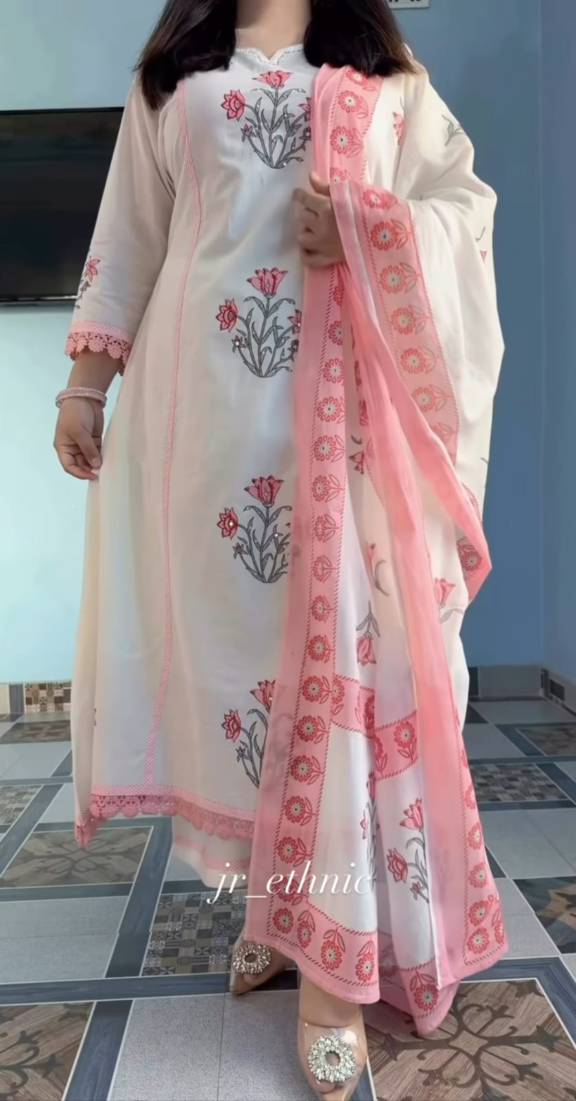 Blush Pink Floral Organza & Cotton Set