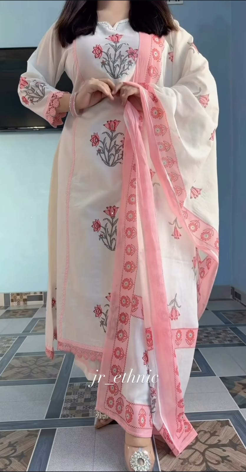 Blush Pink Floral Organza & Cotton Set