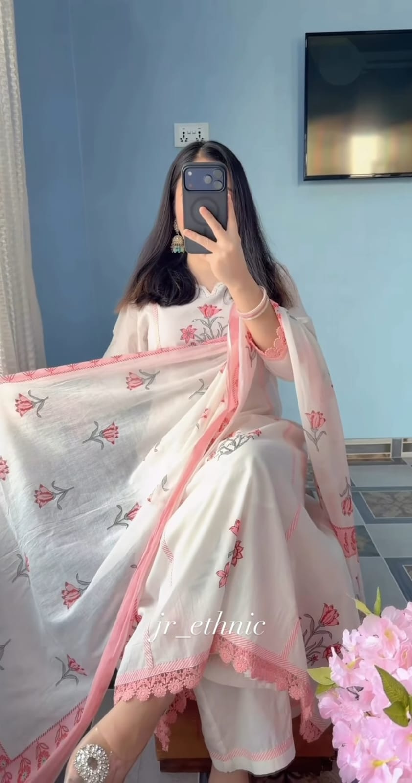Blush Pink Floral Organza & Cotton Set