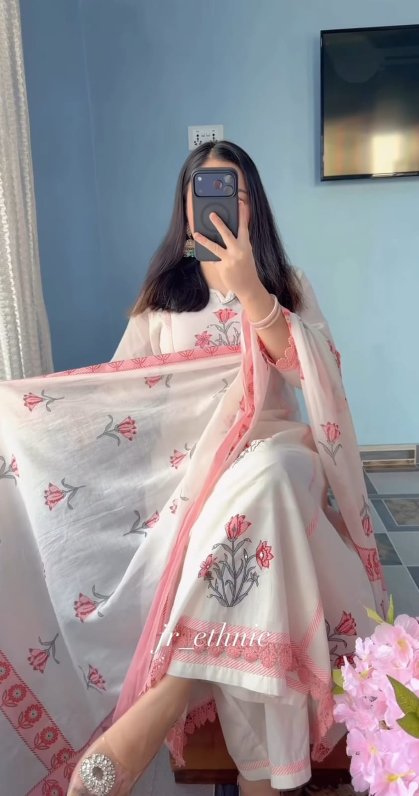 Blush Pink Floral Organza & Cotton Set