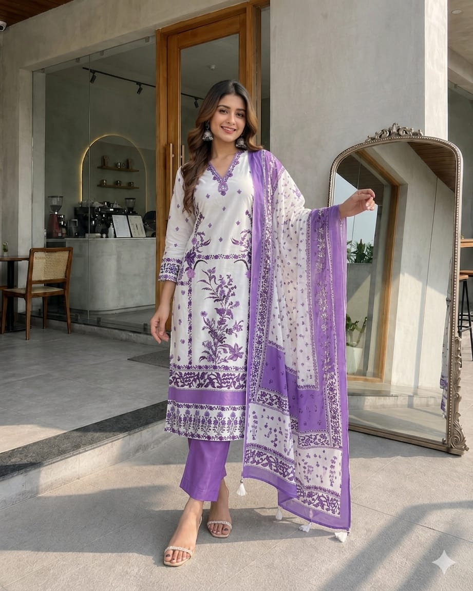 Premium Berry Silk Floral Printed Kurta Pant Dupatta Set with Handwork V-Neck & Pearl Bracelet