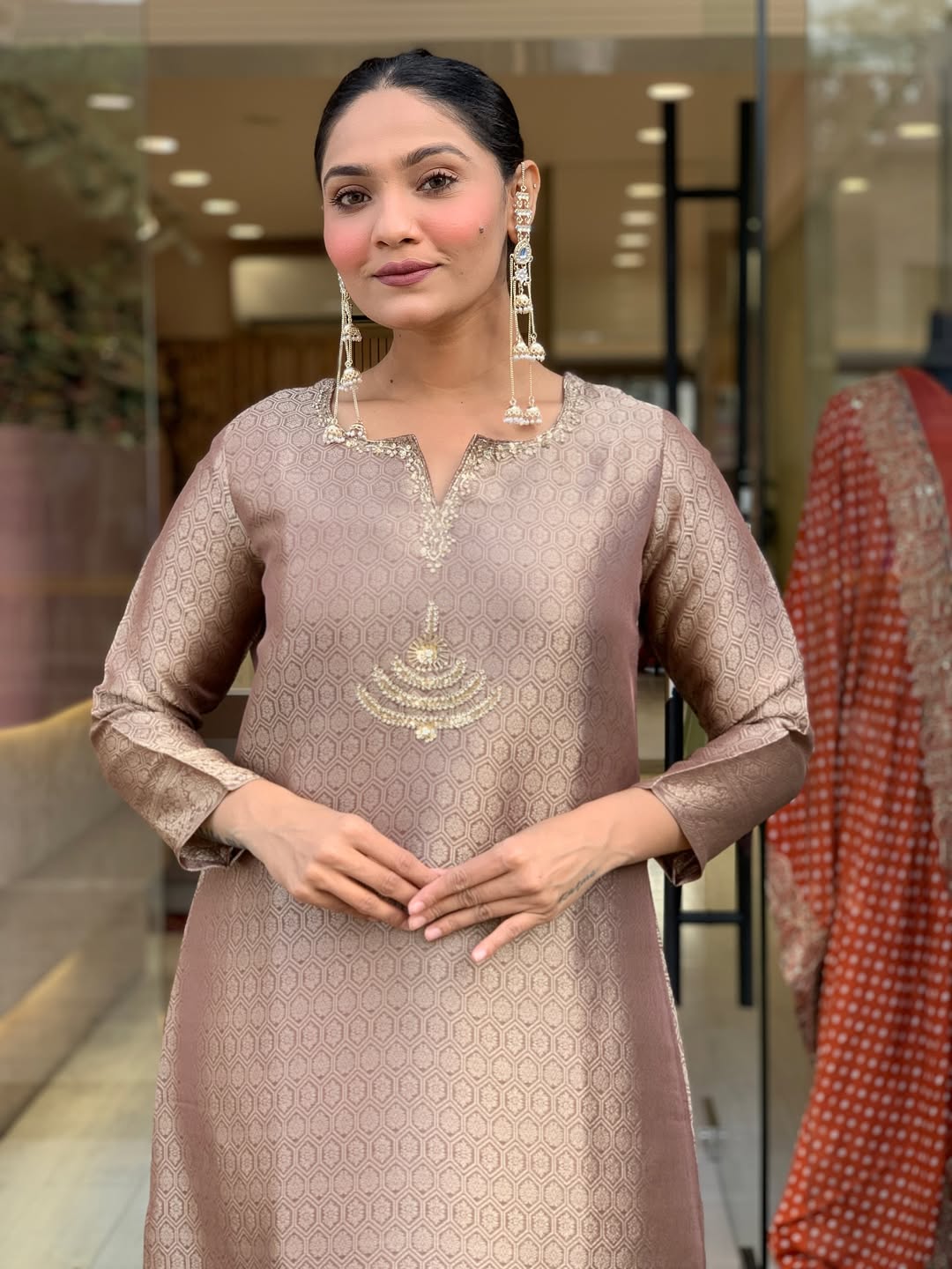 Pure Kanjivaram Glass Tissue & Maharaja Silk Suit Set in Rose Gold