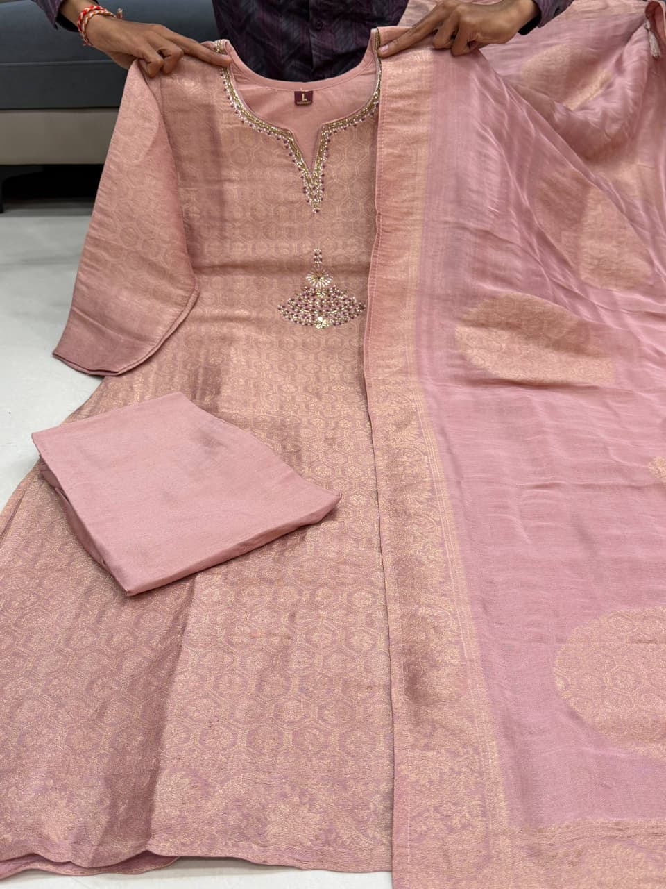 Pure Kanjivaram Glass Tissue & Maharaja Silk Suit Set in Rose Gold