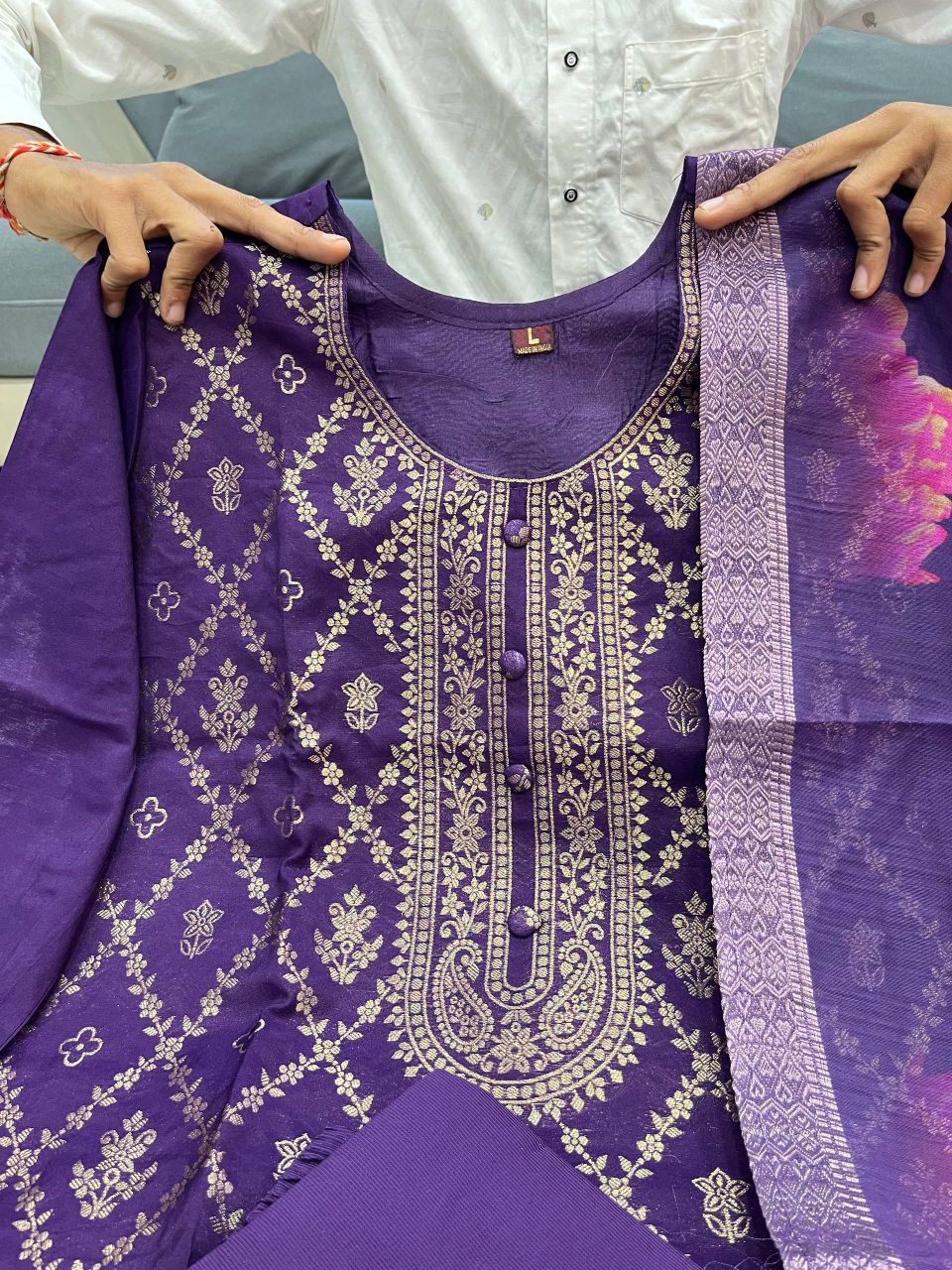 Elegant Purple Banarasi Silk 3-Piece Salwar Suit with Floral Organza Dupatta