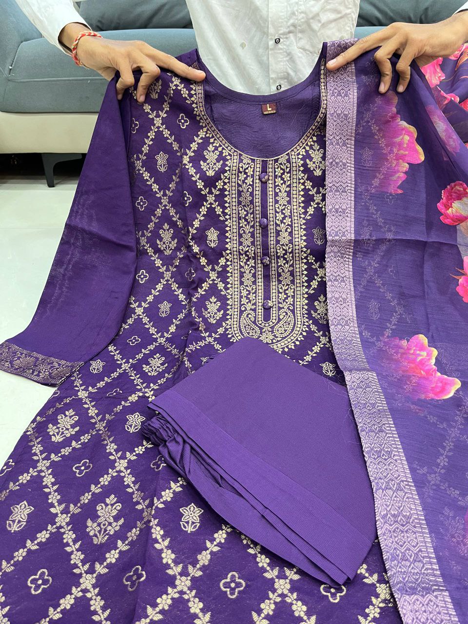 Elegant Purple Banarasi Silk 3-Piece Salwar Suit with Floral Organza Dupatta