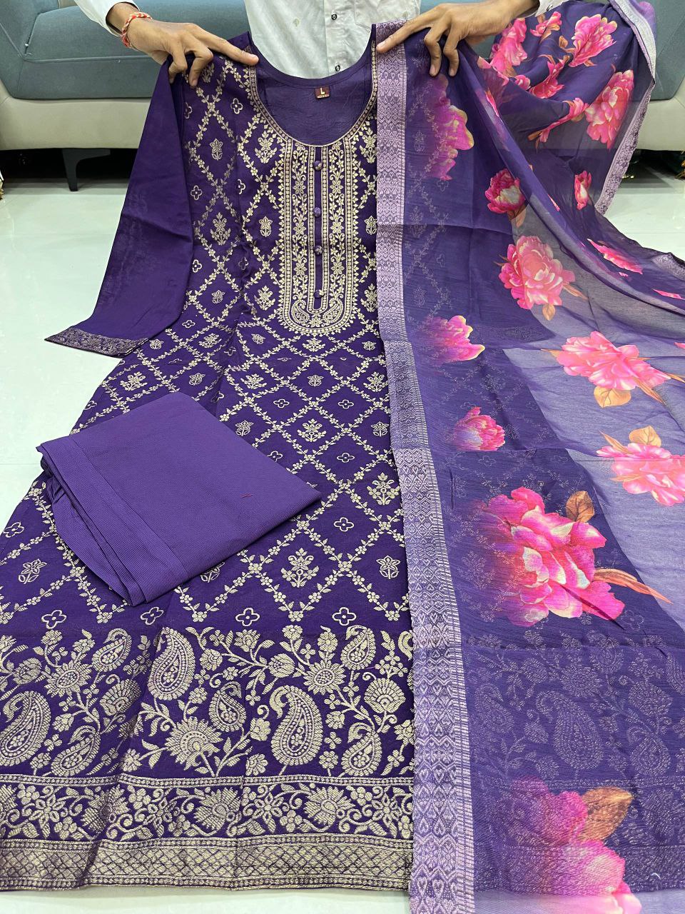 Elegant Purple Banarasi Silk 3-Piece Salwar Suit with Floral Organza Dupatta