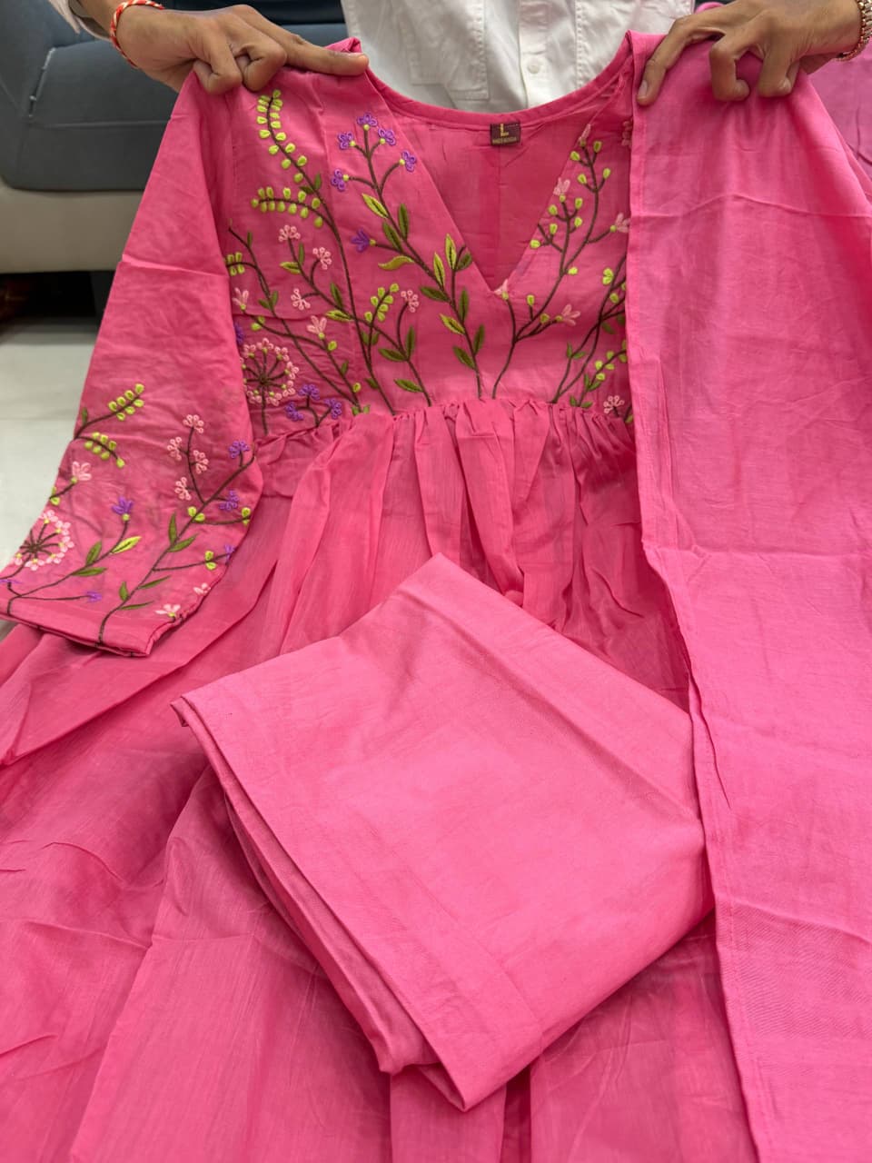 Rani Pink Pure Banarasi Mul Chanderi Suit Set with Hand Embroidery Neck Work