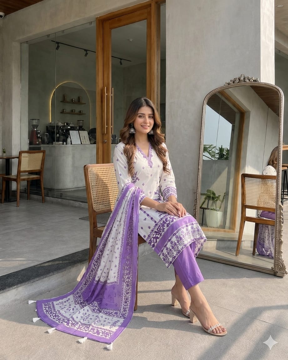 Premium Berry Silk Floral Printed Kurta Pant Dupatta Set with Handwork V-Neck & Pearl Bracelet