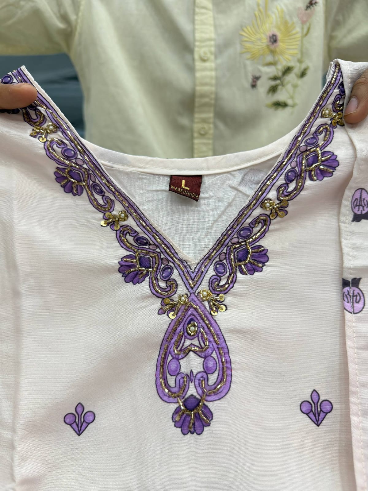 Premium Berry Silk Floral Printed Kurta Pant Dupatta Set with Handwork V-Neck & Pearl Bracelet