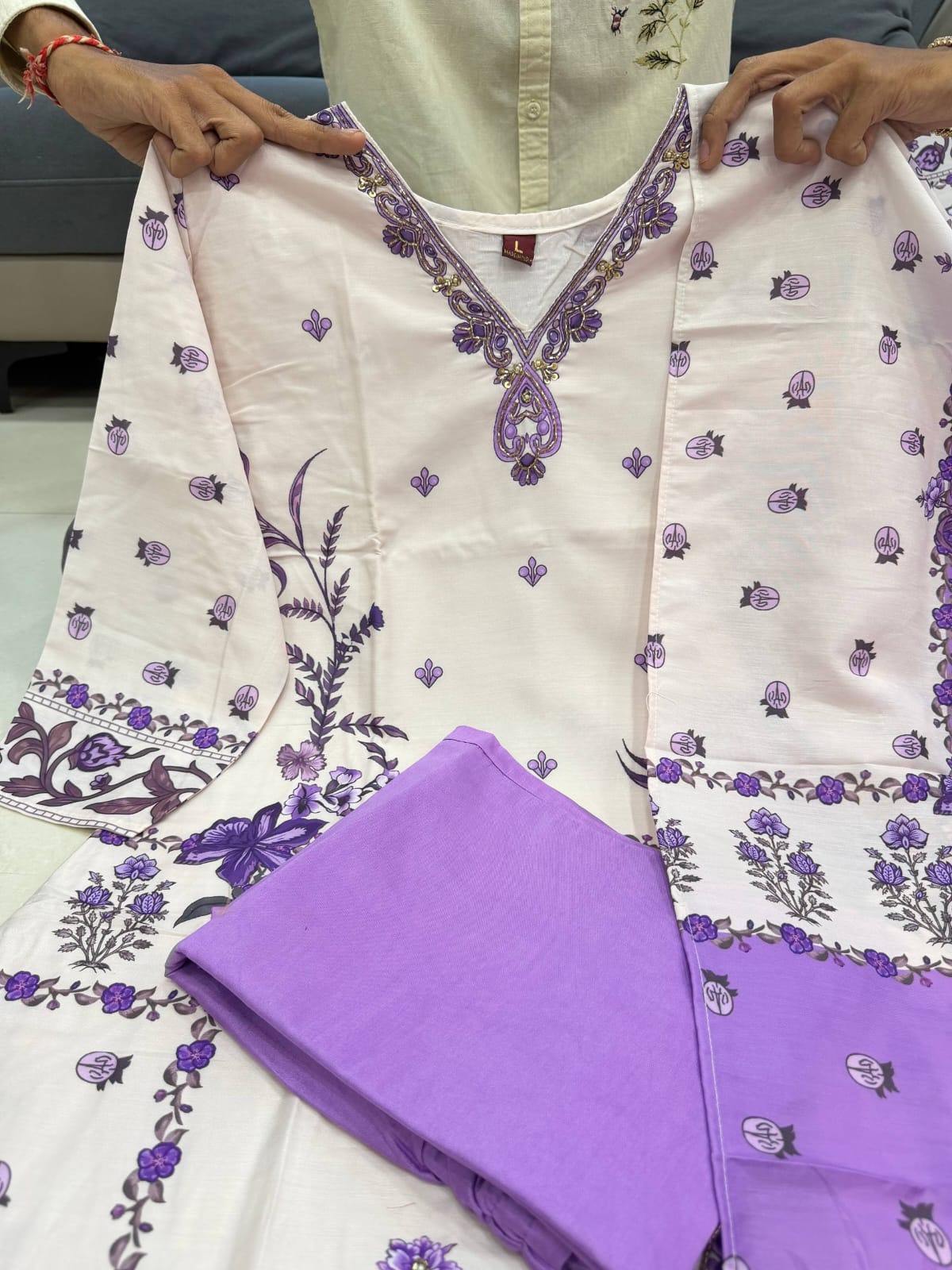 Premium Berry Silk Floral Printed Kurta Pant Dupatta Set with Handwork V-Neck & Pearl Bracelet