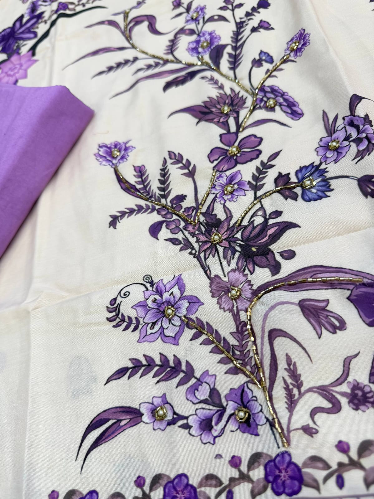 Premium Berry Silk Floral Printed Kurta Pant Dupatta Set with Handwork V-Neck & Pearl Bracelet
