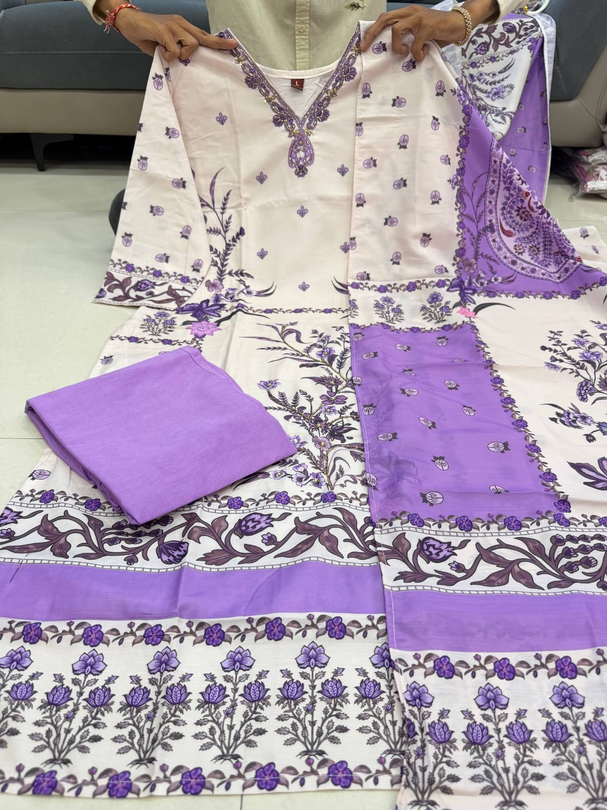 Premium Berry Silk Floral Printed Kurta Pant Dupatta Set with Handwork V-Neck & Pearl Bracelet