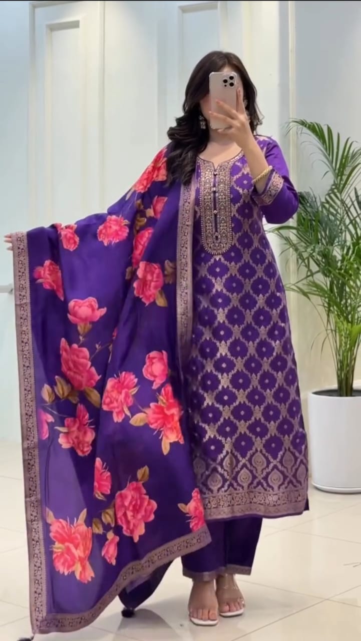 Elegant Purple Banarasi Silk 3-Piece Salwar Suit with Floral Organza Dupatta