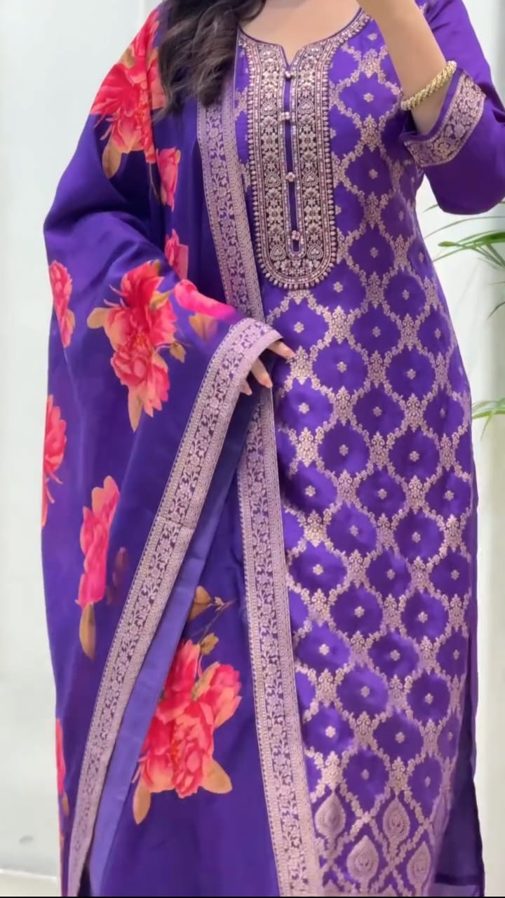 Elegant Purple Banarasi Silk 3-Piece Salwar Suit with Floral Organza Dupatta