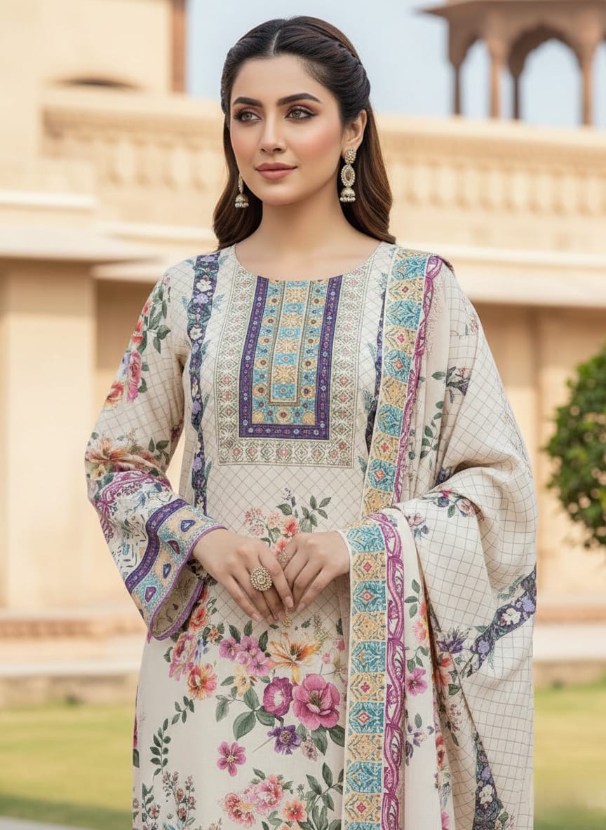 Vintage Floral Elegance: Ivory Silk Blend Embroidered Kurta Set with Printed Dupatta