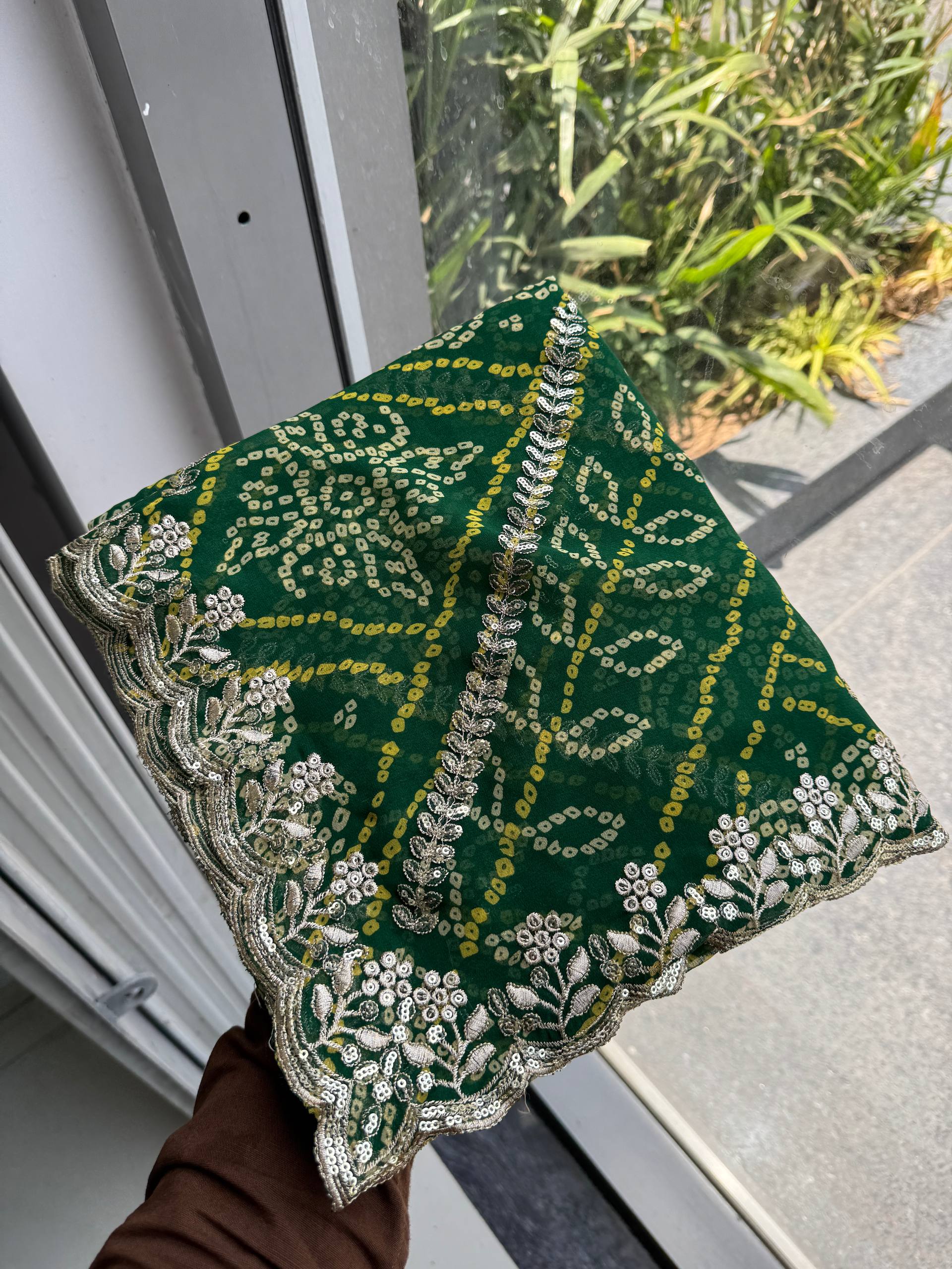 Green Bandhej Printed Georgette Saree with Embroidered Cutwork Border