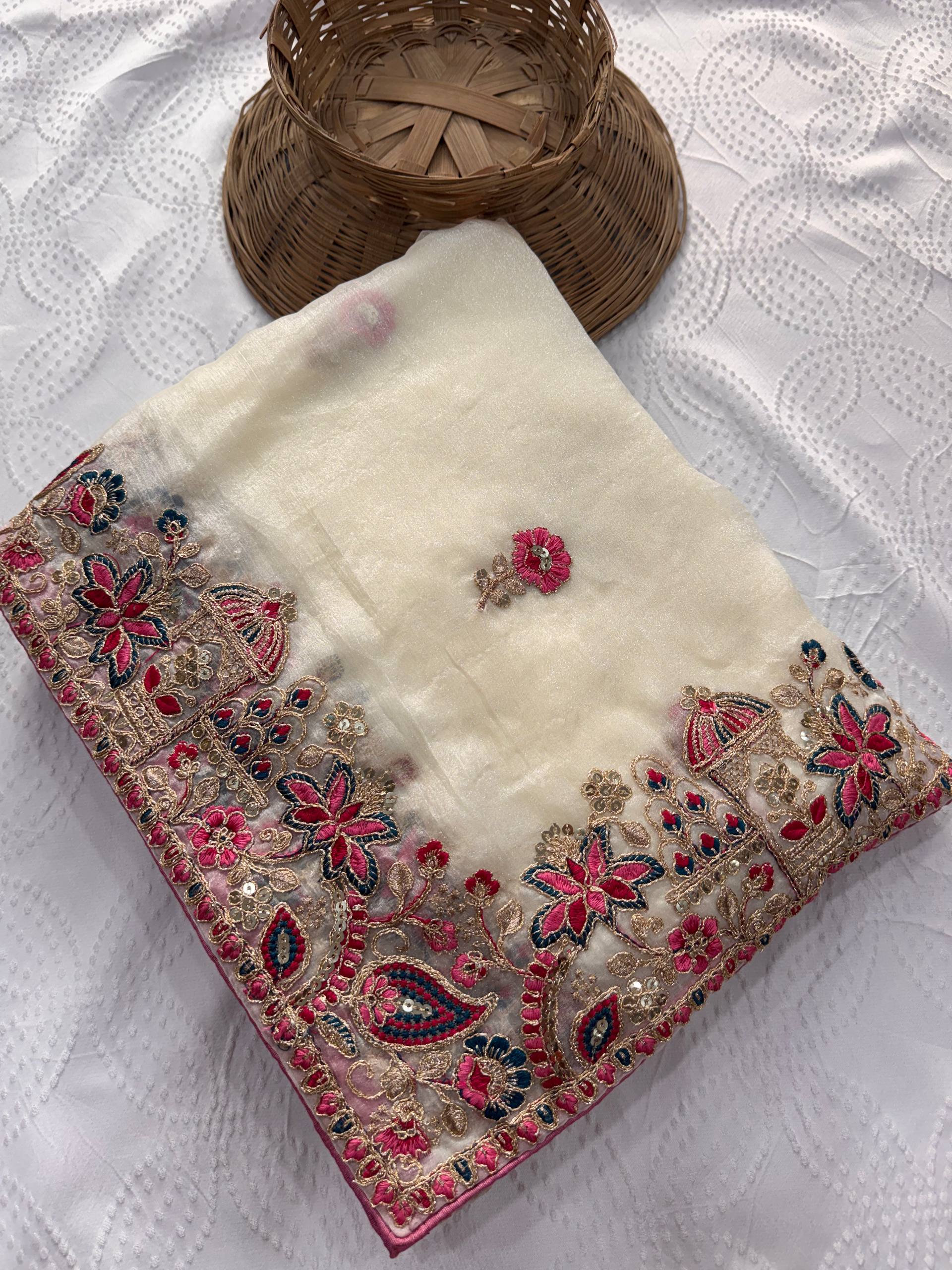 Premium Fendy Chiffon Silk Saree with Embroidery Cutwork Lace Border & Heavy Embroidered Blouse