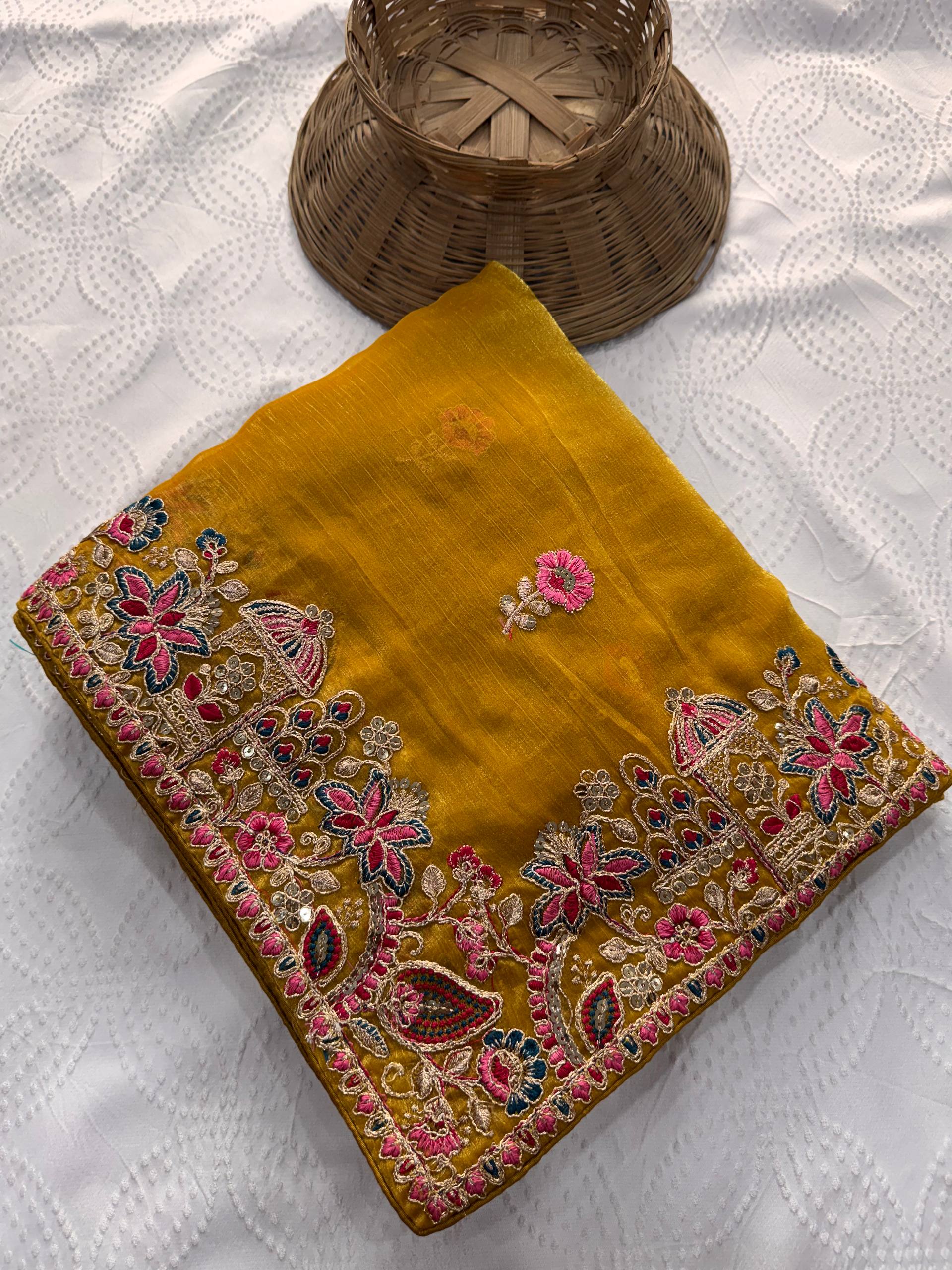 Premium Fendy Chiffon Silk Saree with Embroidery Cutwork Lace Border & Heavy Embroidered Blouse