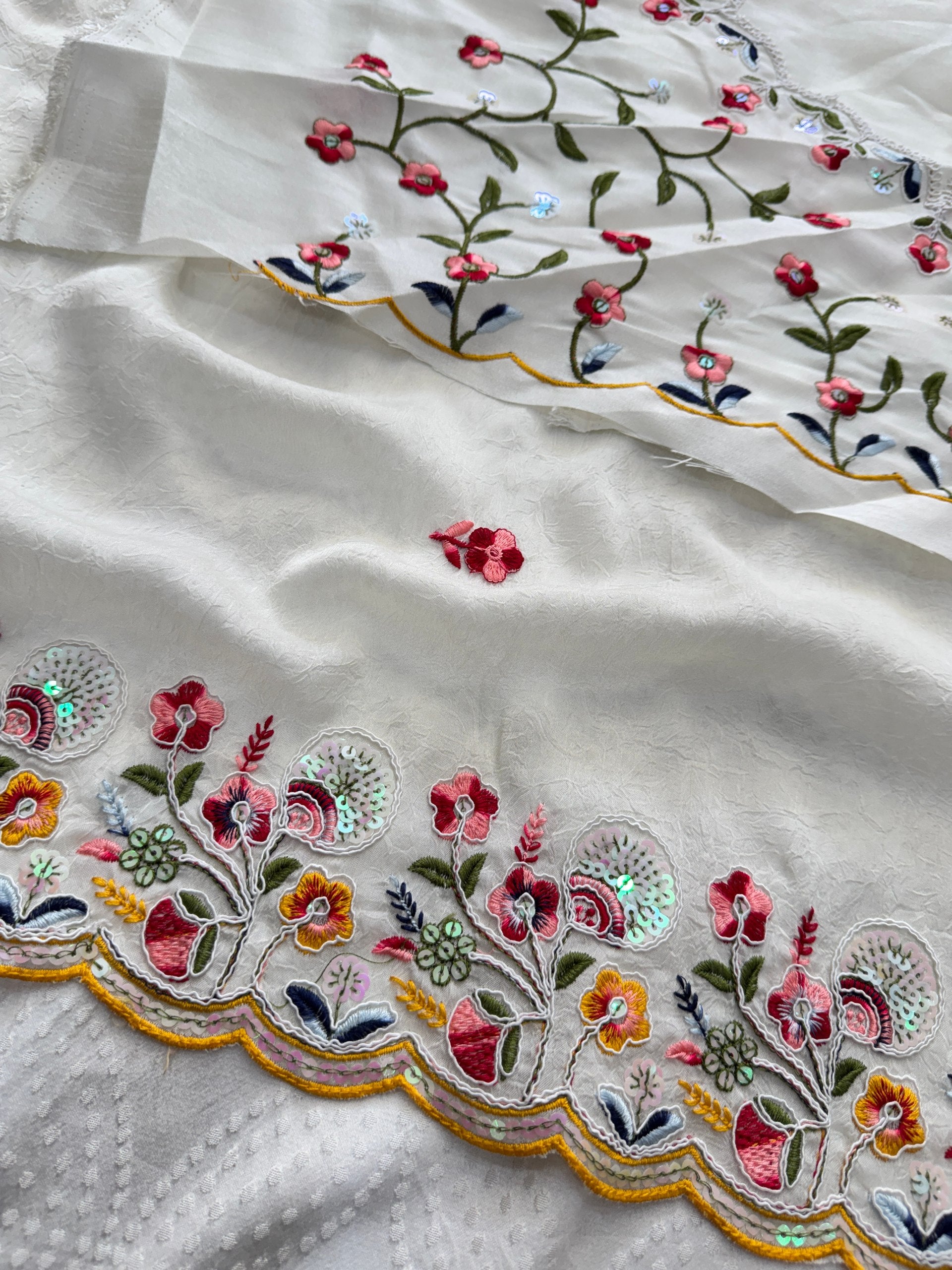 Premium Crush Silk Saree with All Over Embroidery Butta, Cutwork Border & Embroidered Blouse
