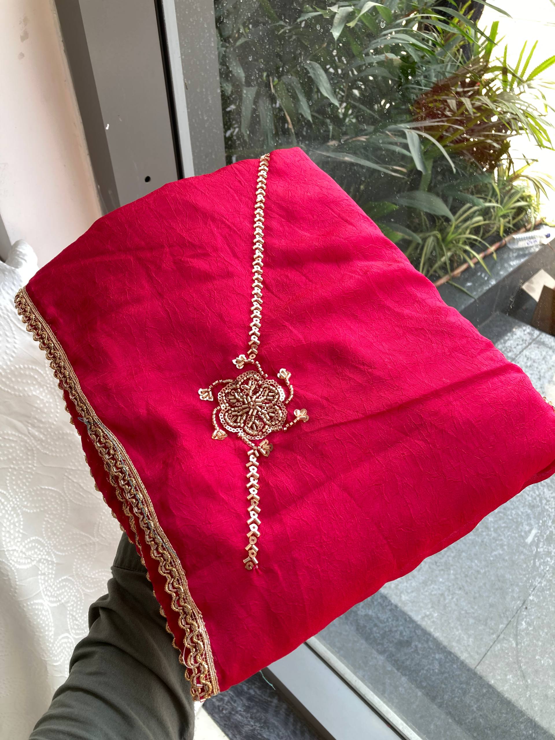 Party Wear Soft Crush Silk Saree With All Over Embroidery Butti Work, Designer Lace Border & Matching Blouse