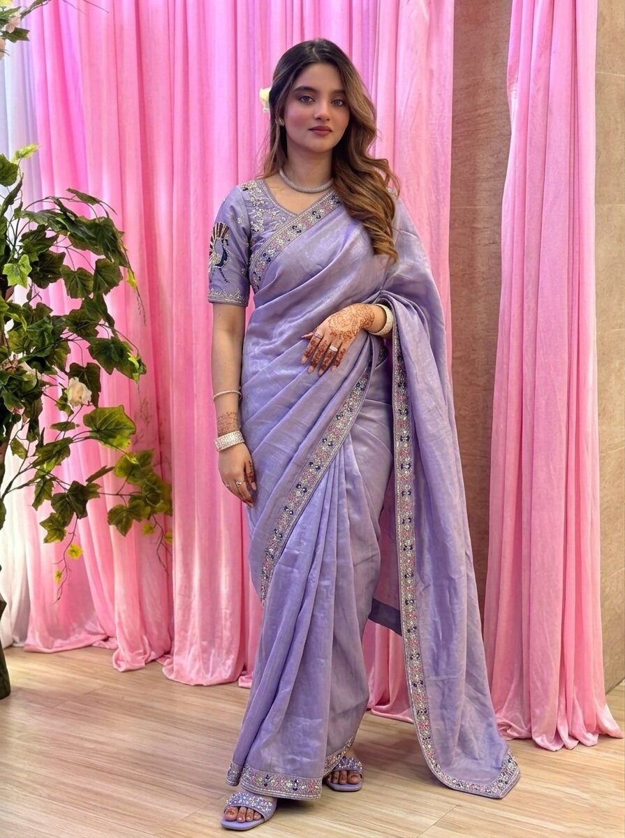 Designer Fendy Satin Silk Saree with 3 Beads, Sequence & Cutdana Embroidery Lace Border and Stitched Blouse