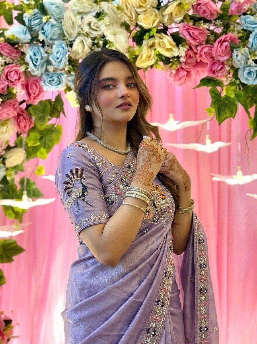 Designer Fendy Satin Silk Saree with 3 Beads, Sequence & Cutdana Embroidery Lace Border and Stitched Blouse