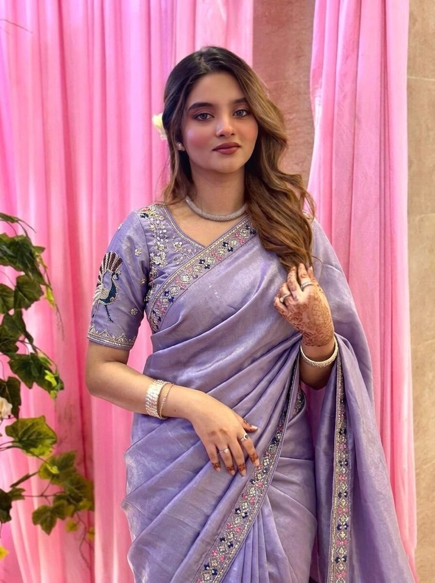 Designer Fendy Satin Silk Saree with 3 Beads, Sequence & Cutdana Embroidery Lace Border and Stitched Blouse