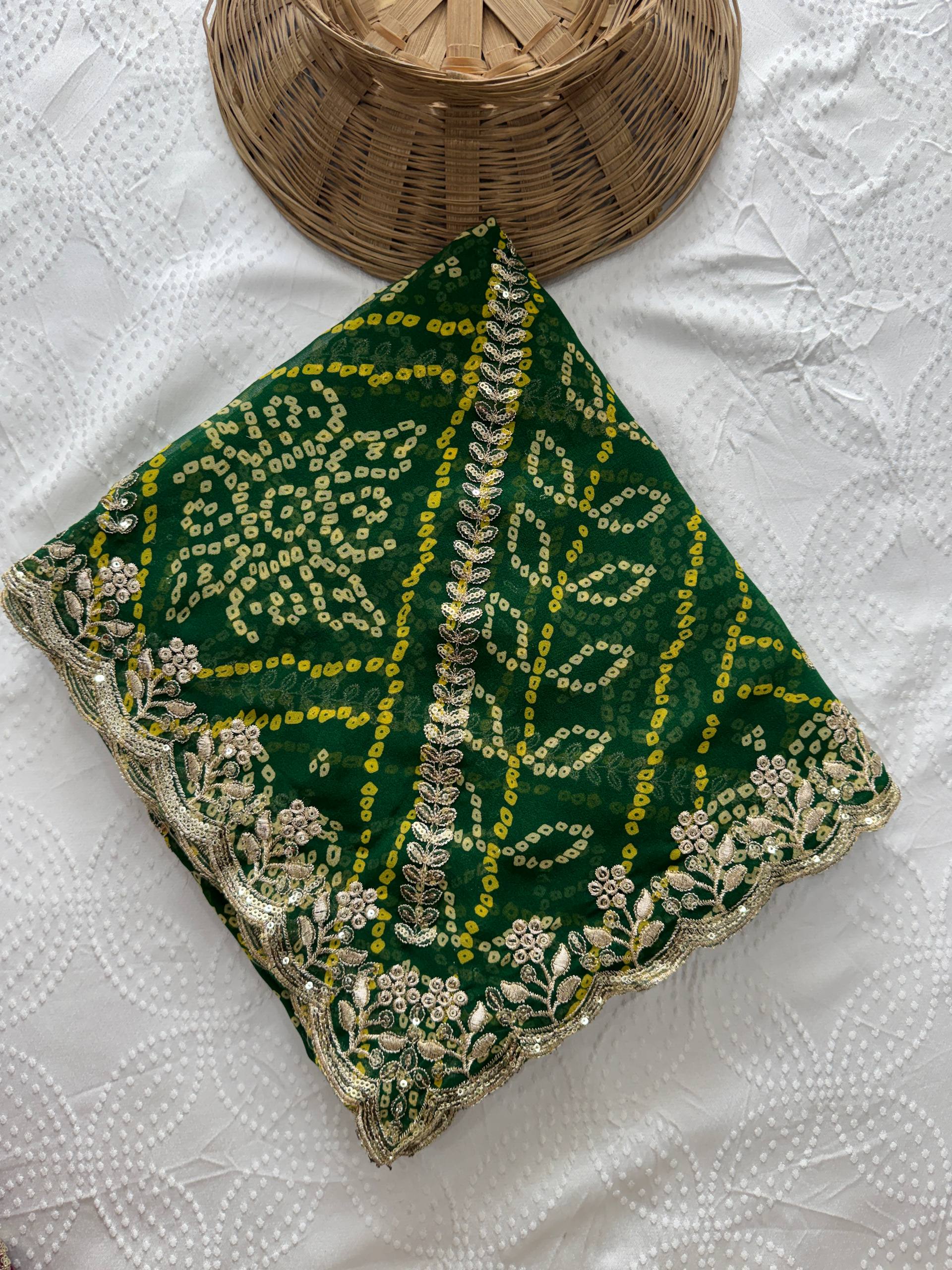 Green Bandhej Printed Georgette Saree with Embroidered Cutwork Border