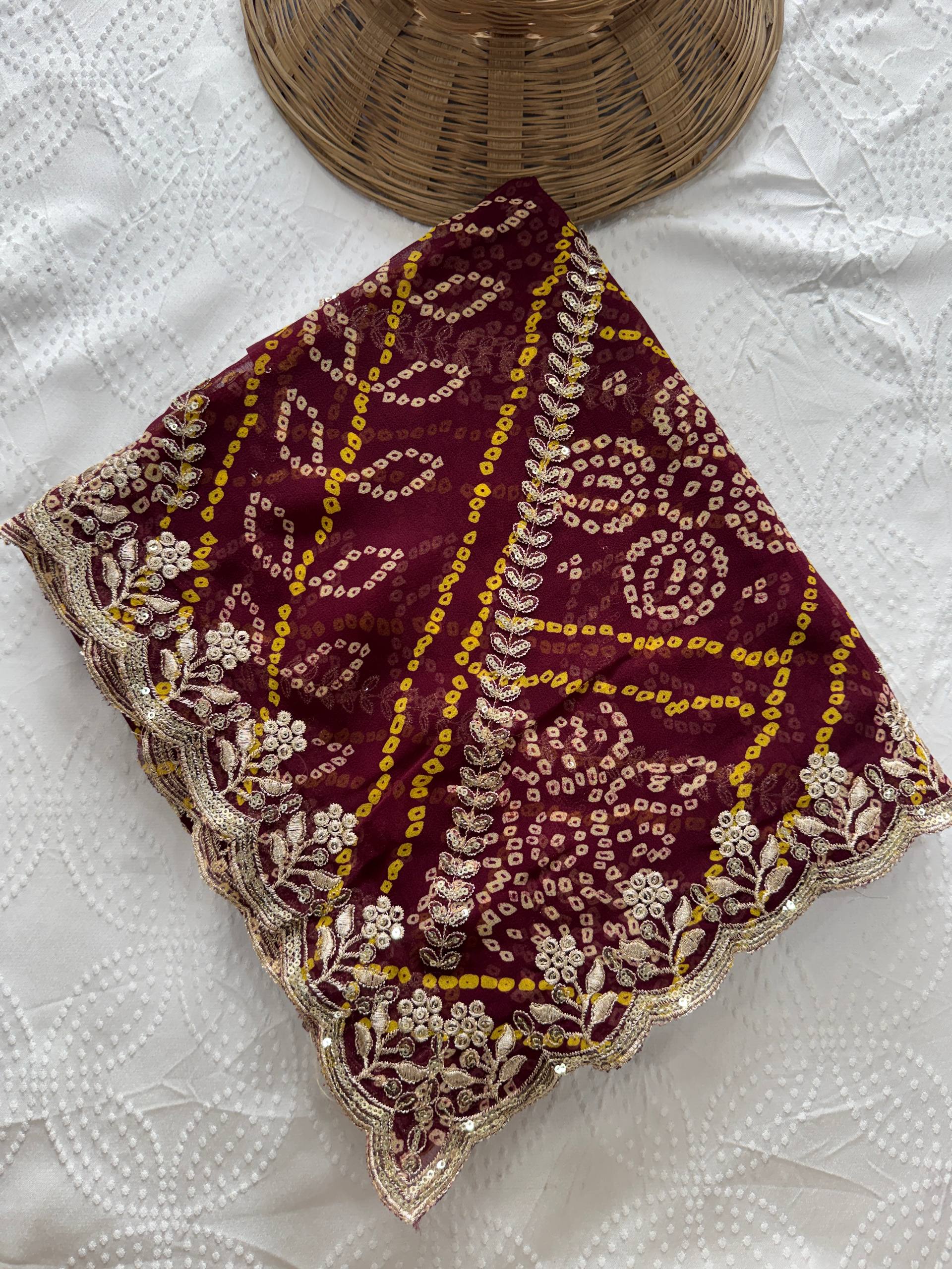 Wine Bandhej Printed Georgette Saree with Embroidered Cutwork Border