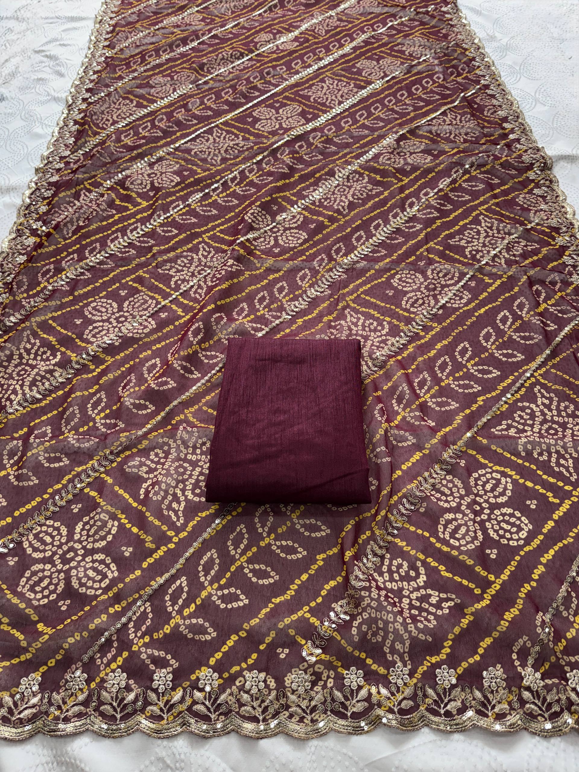 Wine Bandhej Printed Georgette Saree with Embroidered Cutwork Border