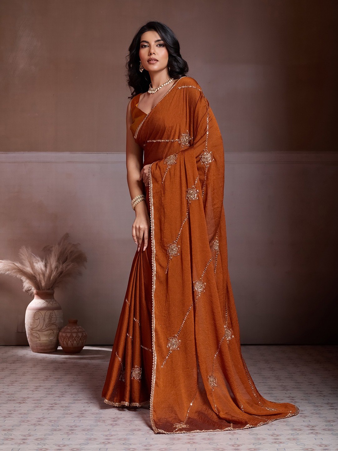 Party Wear Soft Crush Silk Saree With All Over Embroidery Butti Work, Designer Lace Border & Matching Blouse