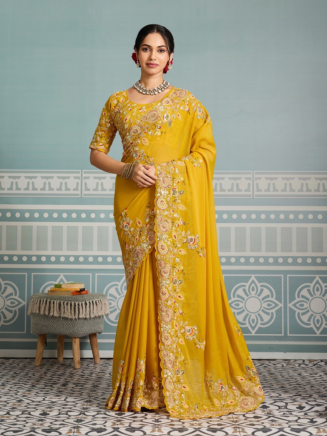 Mustard Yellow Party Wear Soft Star Georgette Saree with Embroidery Cutwork Border