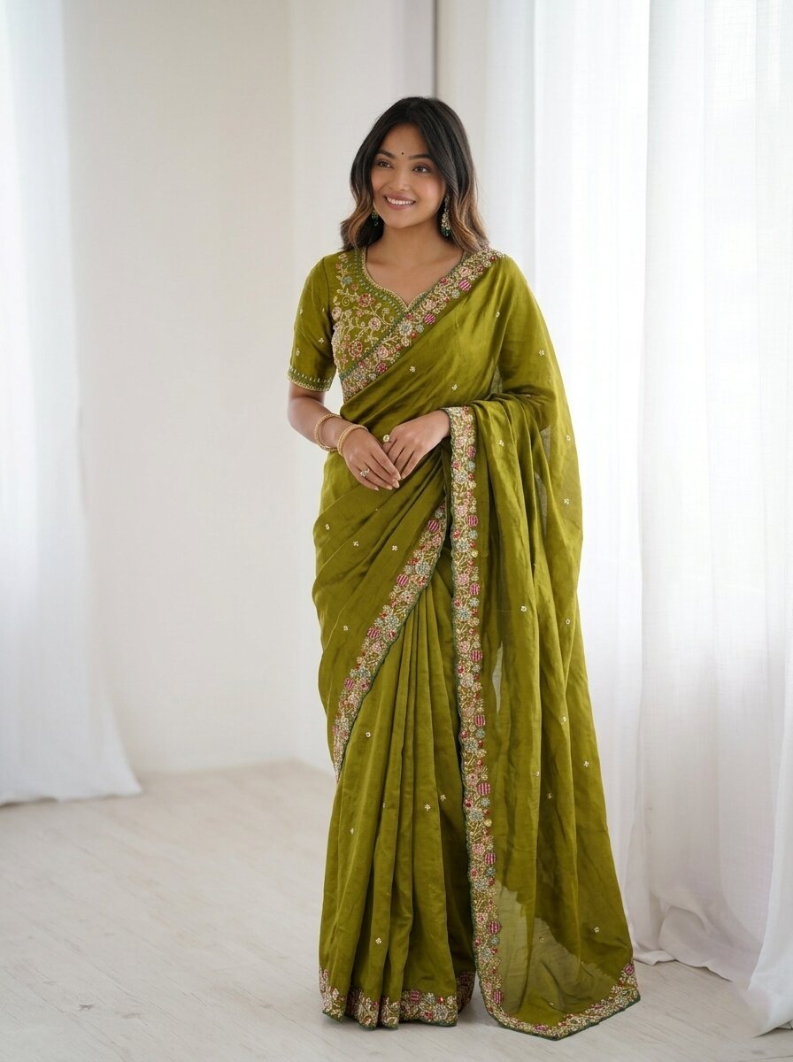 Olive Green Embroidered Fendy Satin Silk Saree with Cutwork Border & Embroidered Blouse