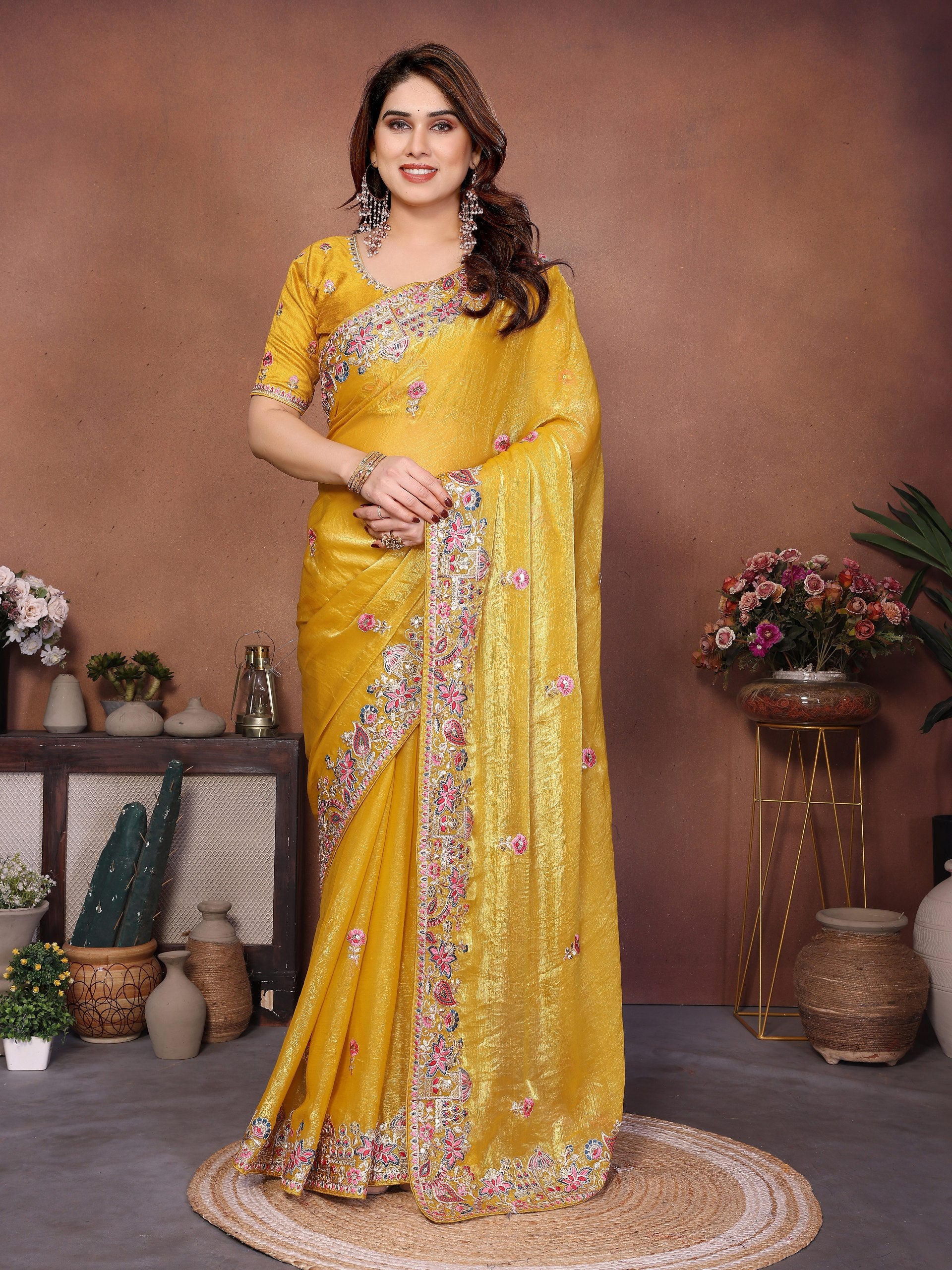 Premium Fendy Chiffon Silk Saree with Embroidery Cutwork Lace Border & Heavy Embroidered Blouse