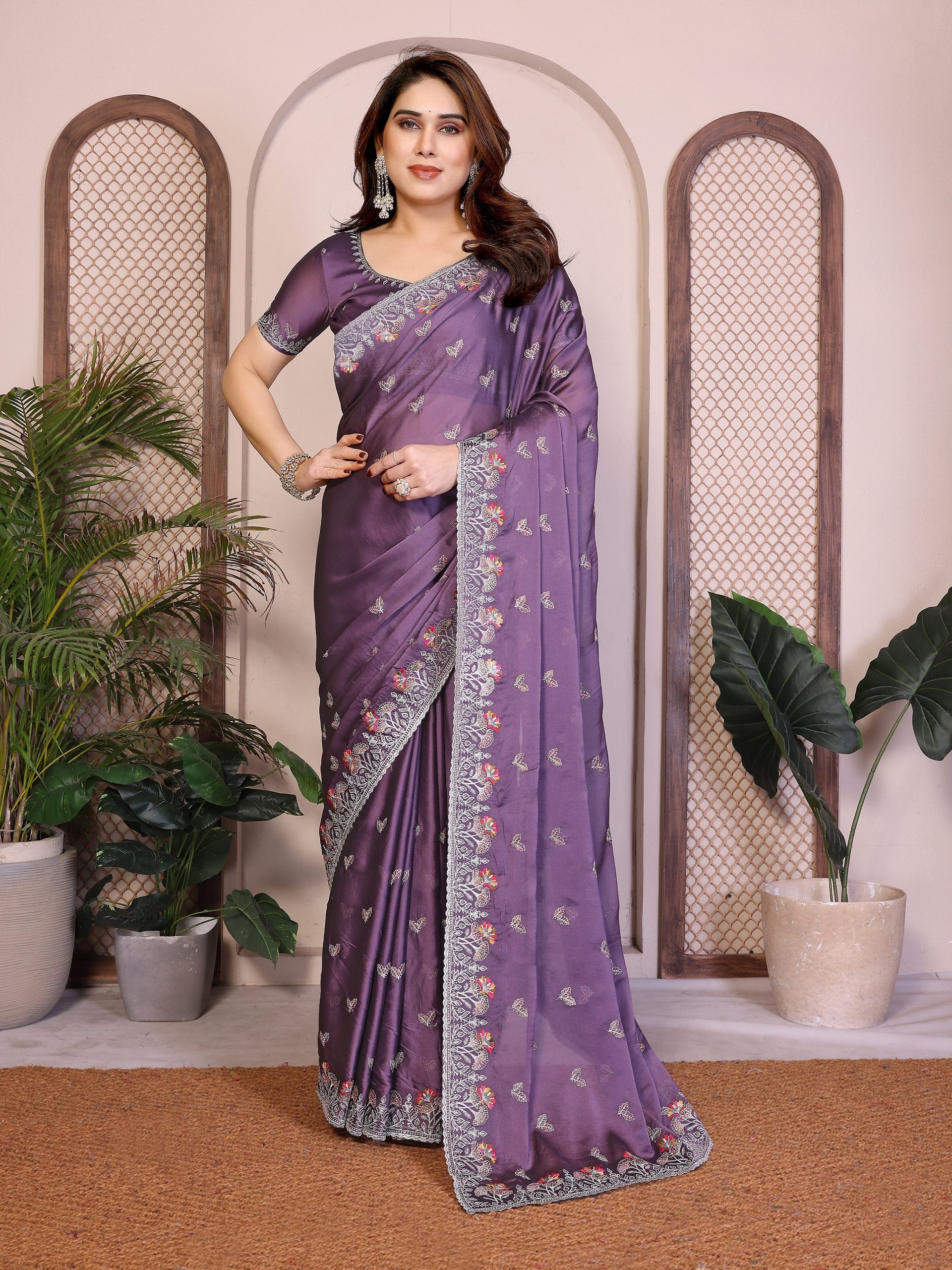 Party Wear Rangoli Silk Saree with Embroidery Lace Border & Running Embroidered Blouse
