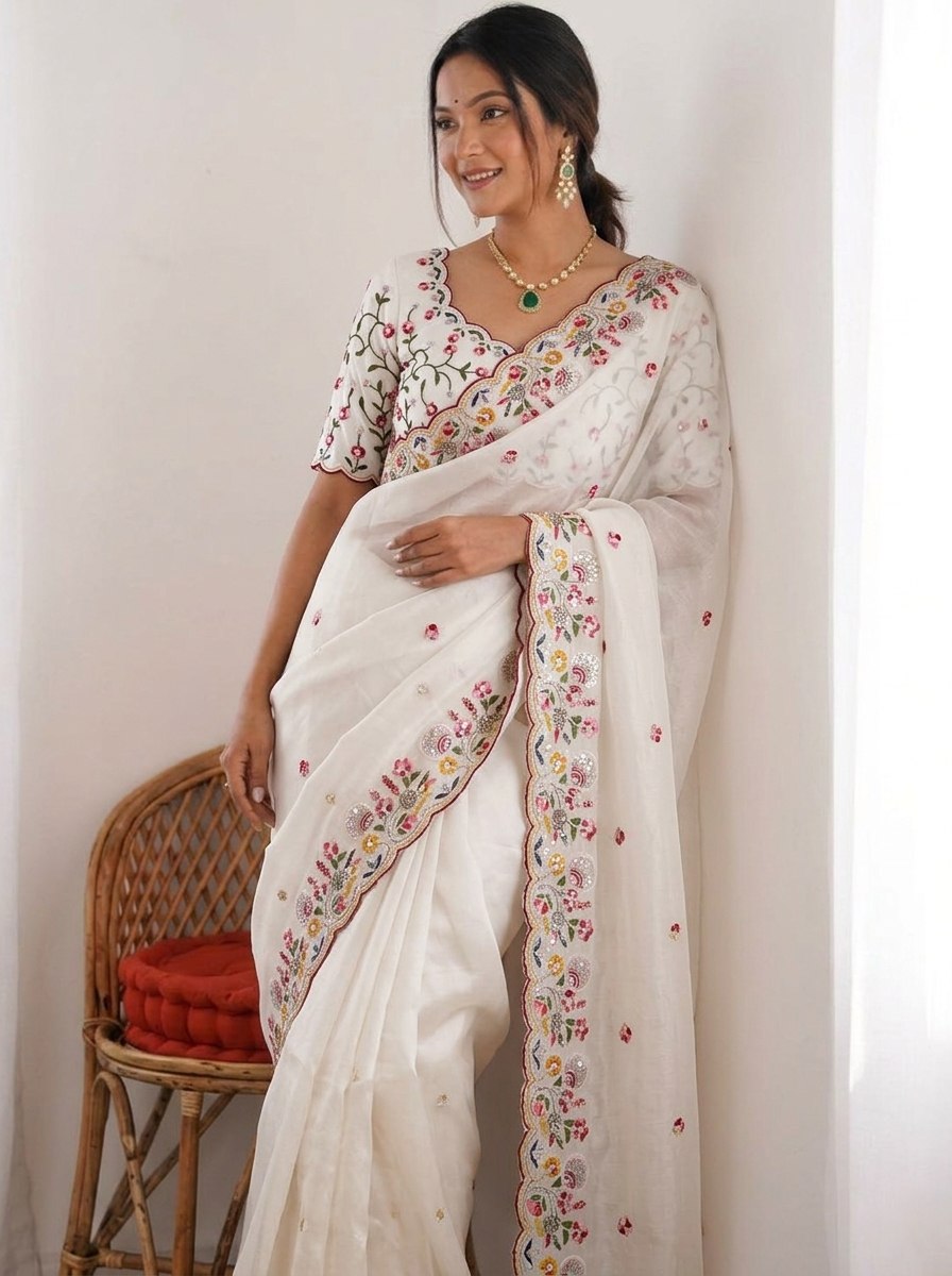 Premium Crush Silk Saree with All Over Embroidery Butta, Cutwork Border & Embroidered Blouse