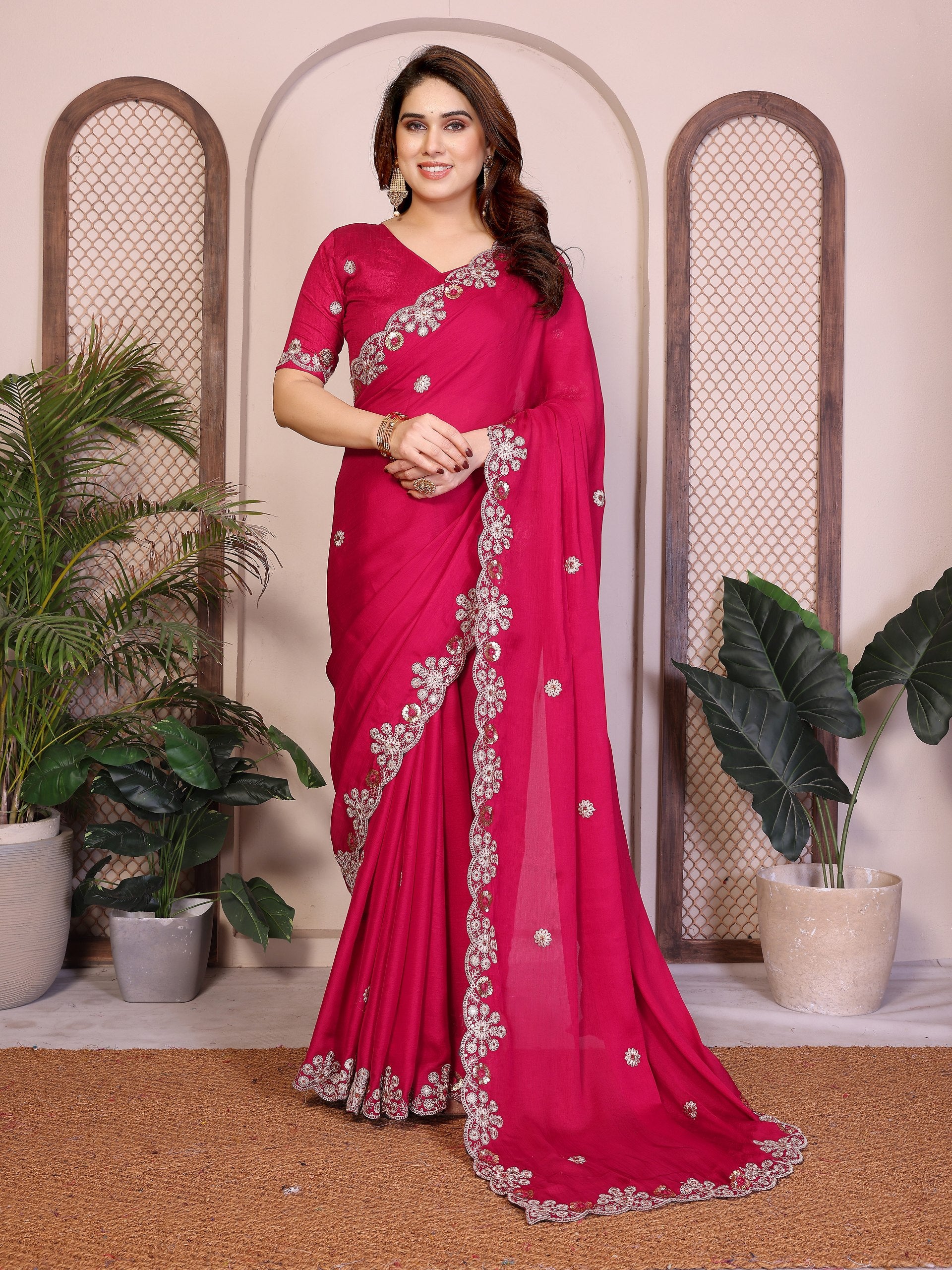Soft Satin Chiffon Embroidered Lace Border Festive Wear Saree with Mono Banglory Silk Blouse