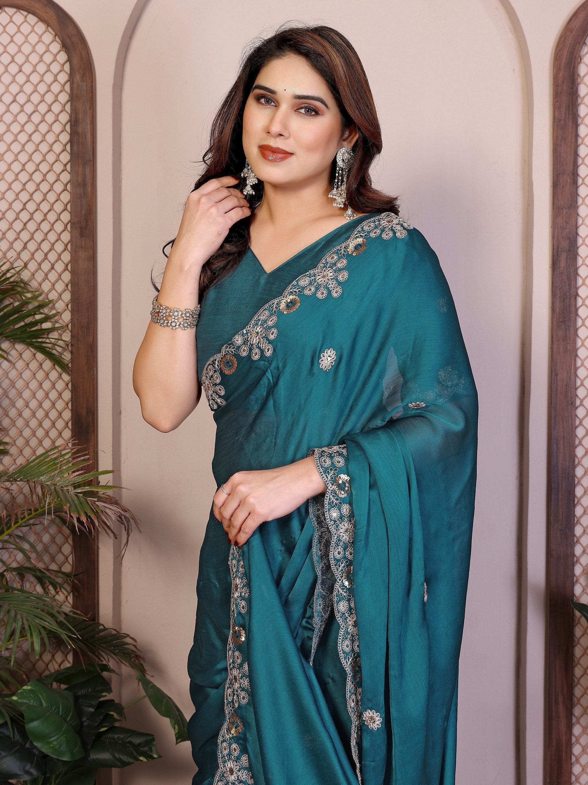 Soft Satin Chiffon Embroidered Lace Border Festive Wear Saree with Mono Banglory Silk Blouse